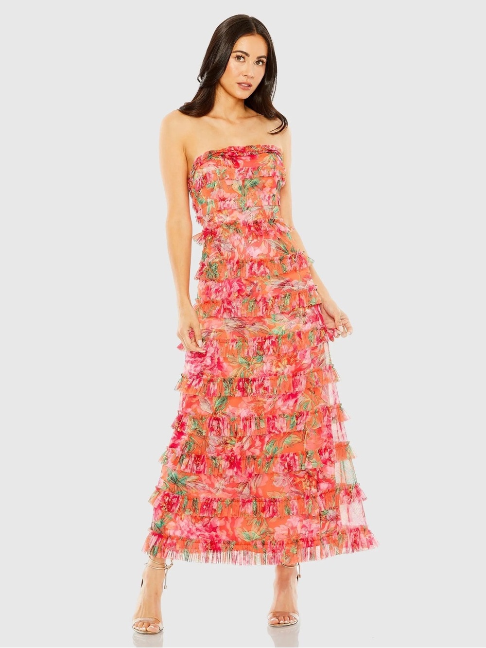Mac Duggal 8137 Multicolor Strapless Floral Micro Ruffle Maxi Dress Size 10 NWOT